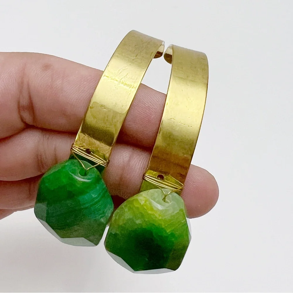 Set of 2 Goldtone Green Agate Stone Cuff Bracelets